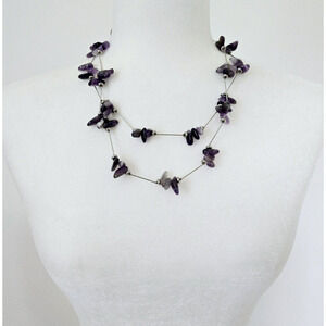 Amethyst Statement Necklace Purple Stone Silvertone Modern Brutalist Maximalist